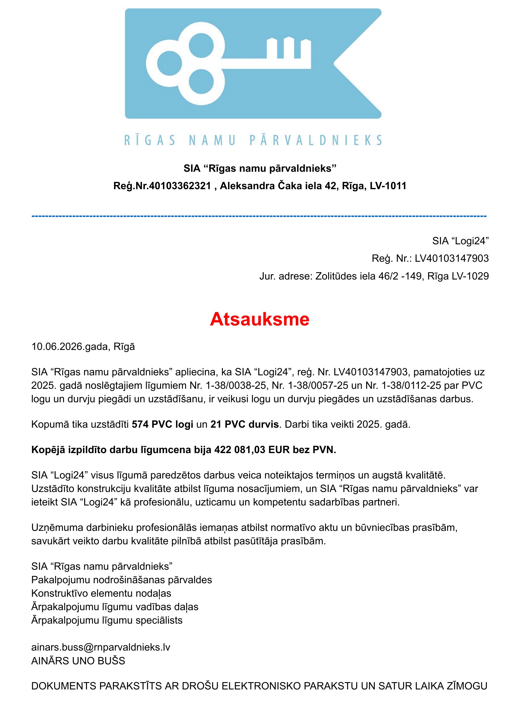 Rīgas namu pārvaldnieks atsauksme par SIA Logi24 veikto PVC logu un durvju piegādi un uzstādīšanu 2025. gadā