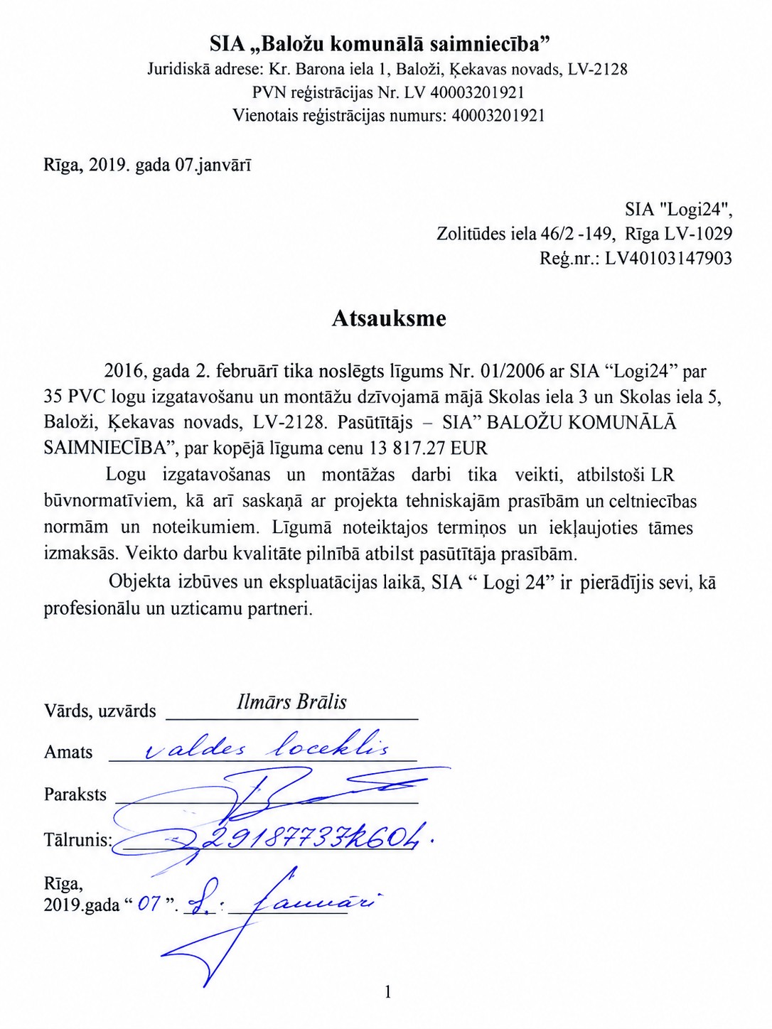 SIA Baložu komunālā saimniecība atsauksme par SIA Logi24 veikto PVC logu izgatavošanu un montāžu Baložos