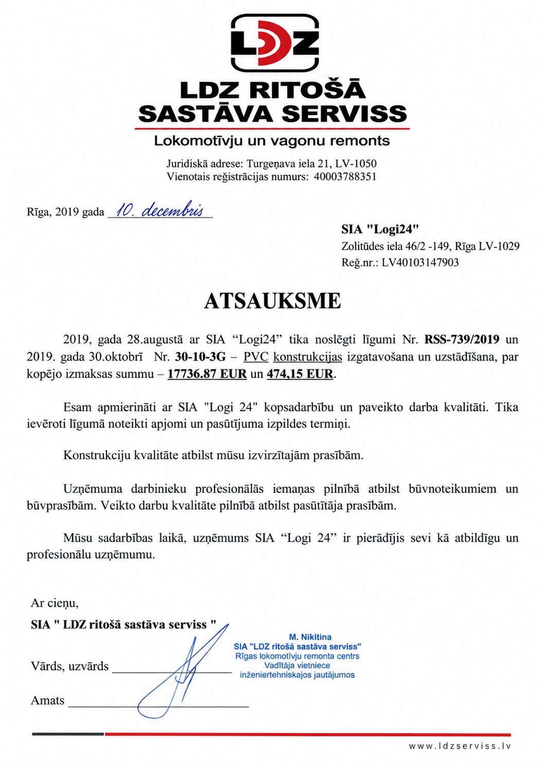SIA LDZ ritošā sastāva serviss atsauksme par SIA Logi24 veikto PVC konstrukciju izgatavošanu un uzstādīšanu