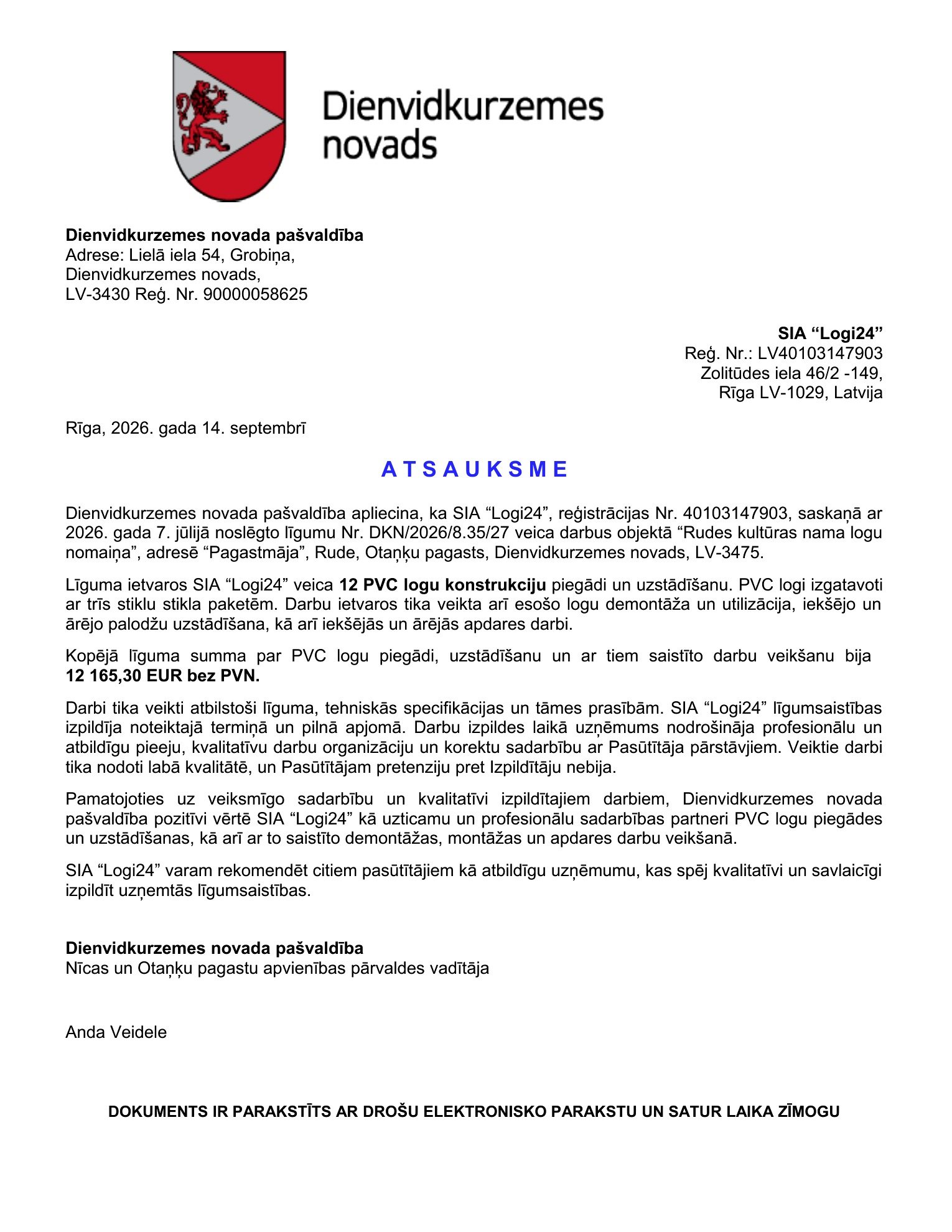 Dienvidkurzemes novada pašvaldības atsauksme par SIA Logi24 veikto PVC logu nomaiņu Rudes kultūras namā, Otaņķu pagastā